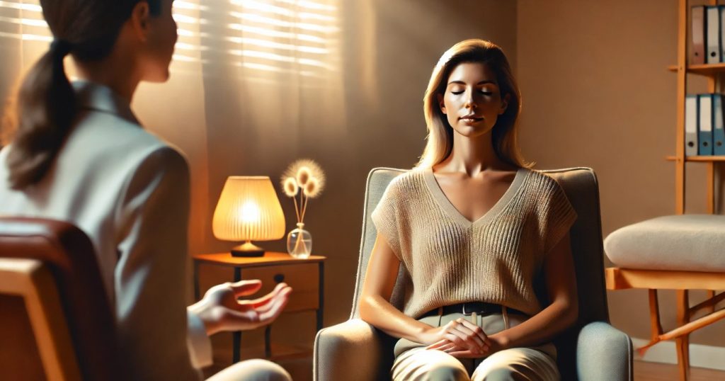 Eine Frau mittleren Alters sitzt mit geschlossenen Augen ruhig auf einem Therapiesessel in einem warm beleuchteten Raum. Gegenüber sitzt ein Hypnosetherapeut und spricht sanft mit ihr. Die Szene wirkt professionell, vertrauensvoll und entspannend.
