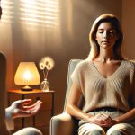 Eine Frau mittleren Alters sitzt mit geschlossenen Augen ruhig auf einem Therapiesessel in einem warm beleuchteten Raum. Gegenüber sitzt ein Hypnosetherapeut und spricht sanft mit ihr. Die Szene wirkt professionell, vertrauensvoll und entspannend.