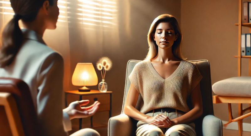 Eine Frau mittleren Alters sitzt mit geschlossenen Augen ruhig auf einem Therapiesessel in einem warm beleuchteten Raum. Gegenüber sitzt ein Hypnosetherapeut und spricht sanft mit ihr. Die Szene wirkt professionell, vertrauensvoll und entspannend.