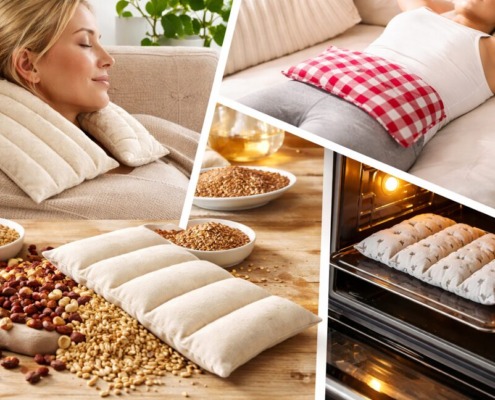 Körnerkissen aus Baumwolle mit verschiedenen Füllungen, Anwendung am Rücken und Nacken sowie Erwärmung im Backofen