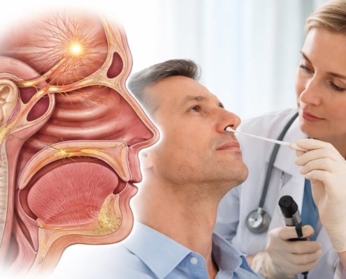 Nasenreflextherapie: anatomische Darstellung der Nasenhöhle und therapeutische Anwendung mit Nasenwatteträger durch medizinisches Fachpersonal