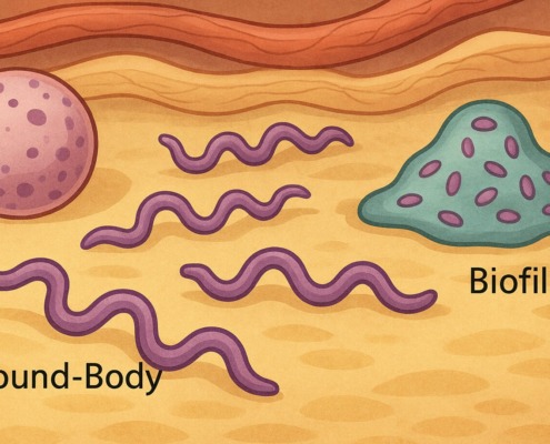 Illustration von Borrelien: Spirochäten, Rundkörper und Biofilm als Überlebensformen