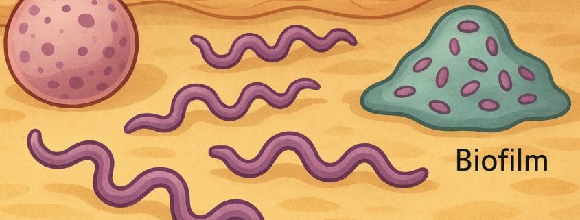 Illustration von Borrelien: Spirochäten, Rundkörper und Biofilm als Überlebensformen