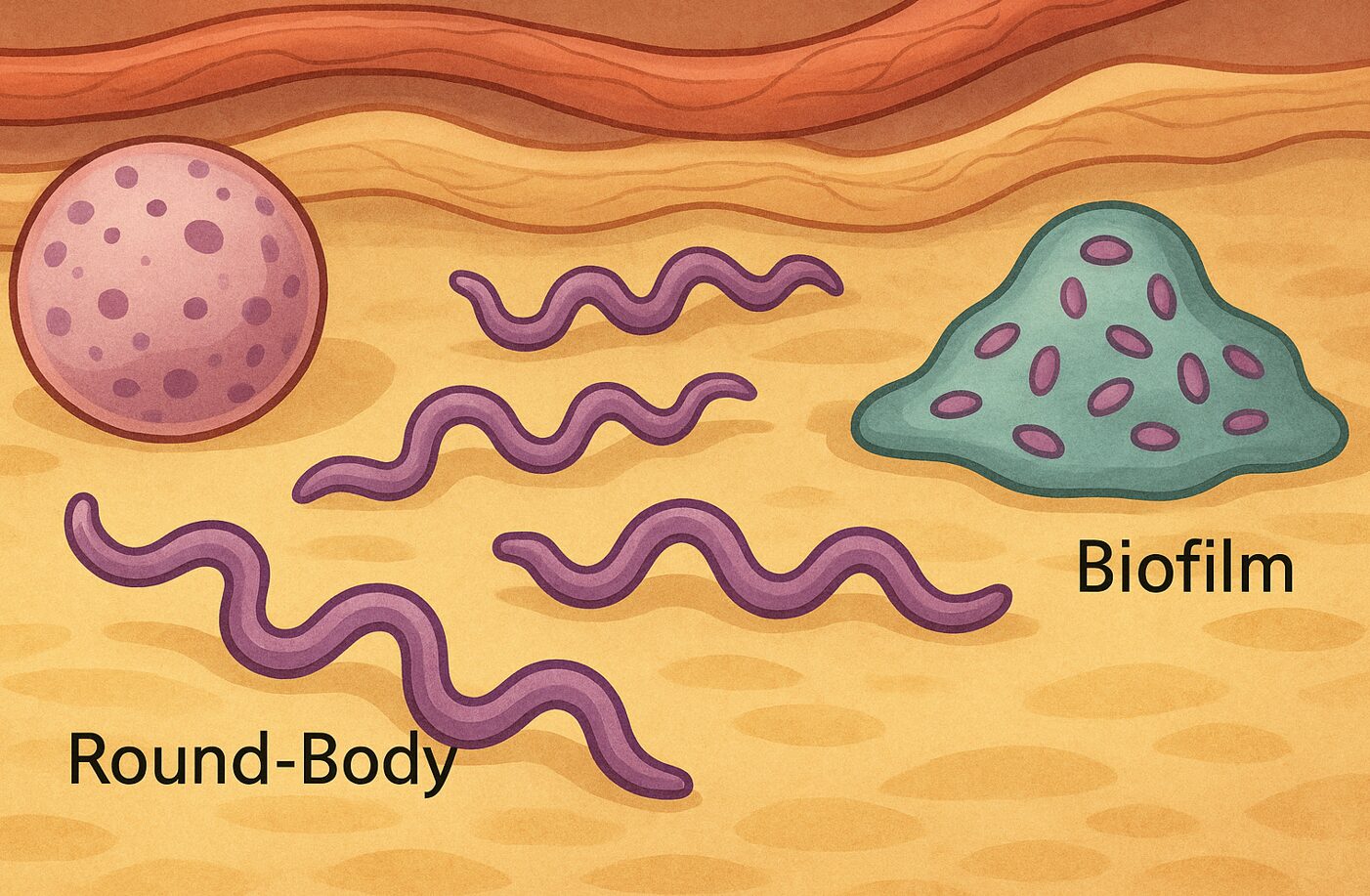 Illustration von Borrelien: Spirochäten, Rundkörper und Biofilm als Überlebensformen