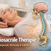 craniosacrale-therapie Craniosacrale Therapie: sanfte Behandlung am Kopf mit schematischer Darstellung von Schädel, Wirbelsäule und Liquorfluss