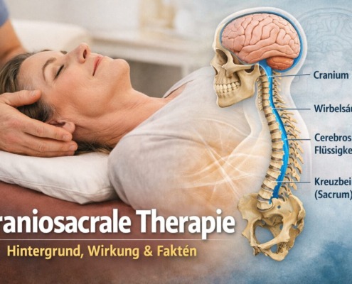 Craniosacrale Therapie: sanfte Behandlung am Kopf mit schematischer Darstellung von Schädel, Wirbelsäule und Liquorfluss