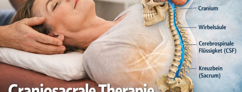 Craniosacrale Therapie: sanfte Behandlung am Kopf mit schematischer Darstellung von Schädel, Wirbelsäule und Liquorfluss