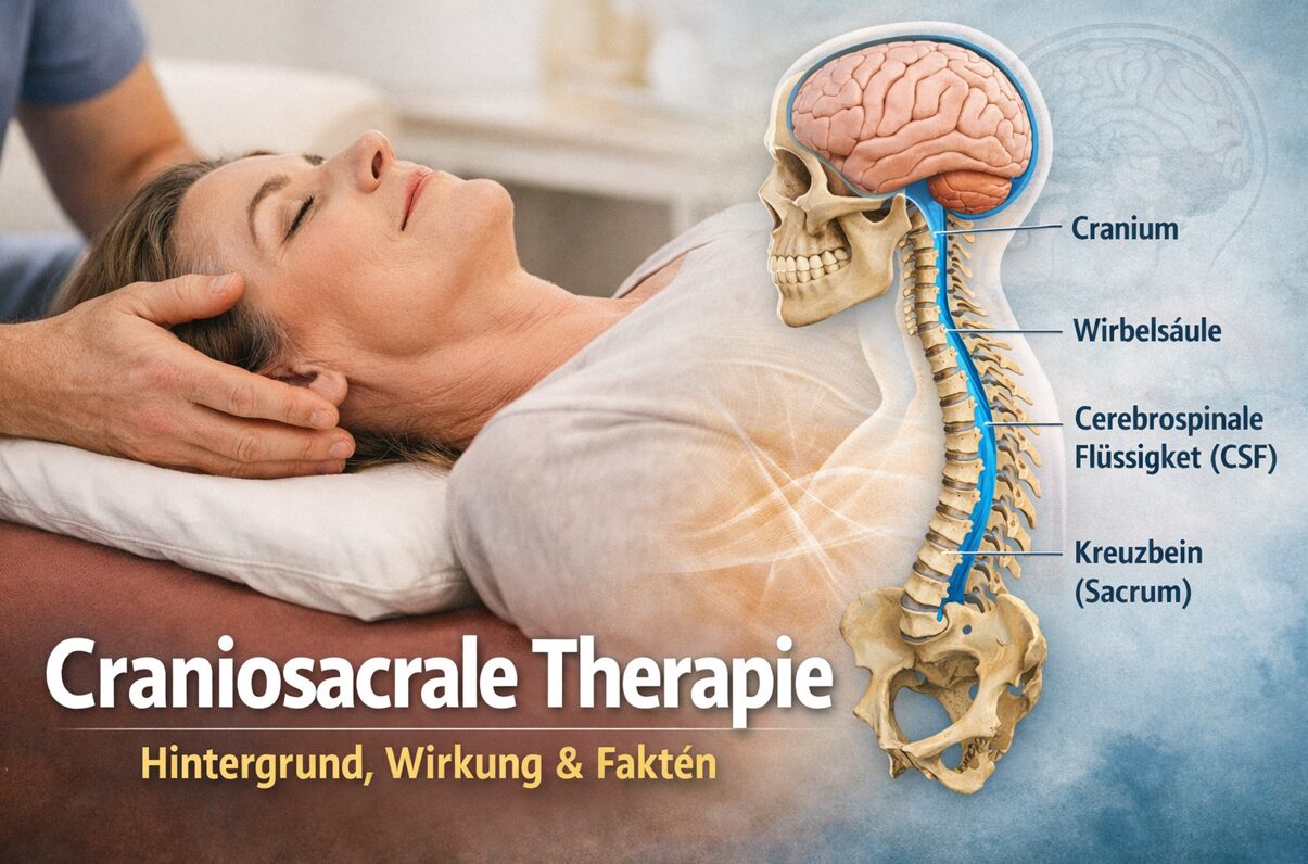 Craniosacrale Therapie: sanfte Behandlung am Kopf mit schematischer Darstellung von Schädel, Wirbelsäule und Liquorfluss
