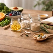 Holztisch mit frischem Gemüse, Beeren, Kräutern und Nahrungsergänzungsmitteln in Glasgefäßen als Vitamintabelle aus der Praxis.