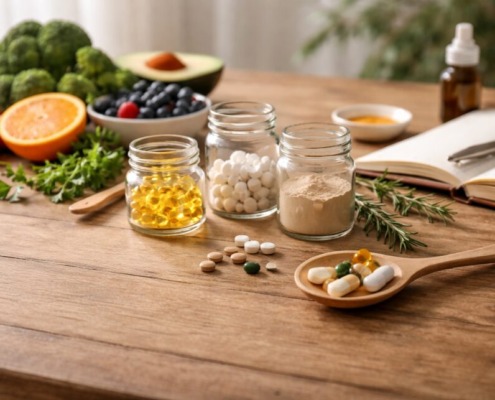 Holztisch mit frischem Gemüse, Beeren, Kräutern und Nahrungsergänzungsmitteln in Glasgefäßen als Vitamintabelle aus der Praxis.