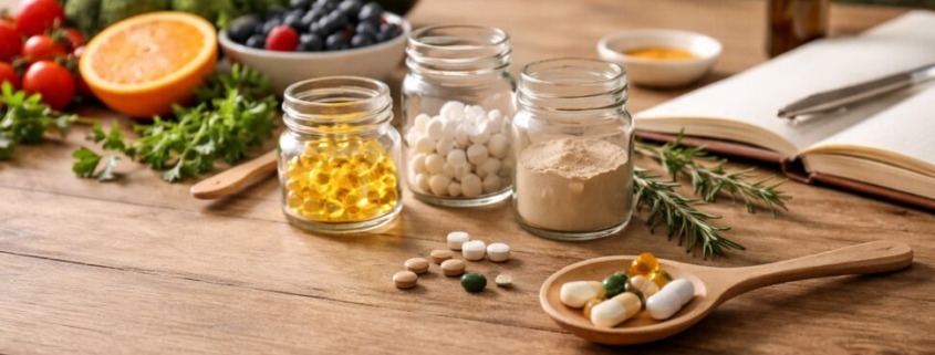 Holztisch mit frischem Gemüse, Beeren, Kräutern und Nahrungsergänzungsmitteln in Glasgefäßen als Vitamintabelle aus der Praxis.