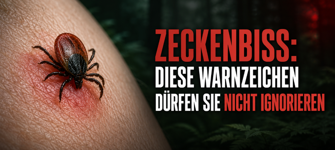 Zeckenbiss mit Zecke auf der Haut – Warnzeichen nach einem Zeckenstich erkennen und richtig handeln.