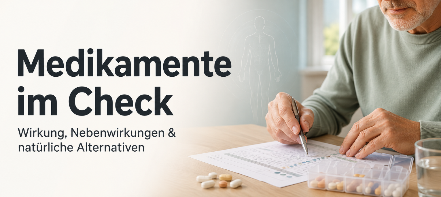 Älterer Mann prüft seinen Medikamentenplan und die tägliche Einnahme verschiedener Arzneimittel