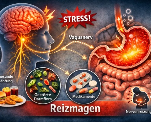 Illustration eines Reizmagens mit Magen, Nervensystem und Stressfaktoren bei funktioneller Dyspepsie und Magenbeschwerden