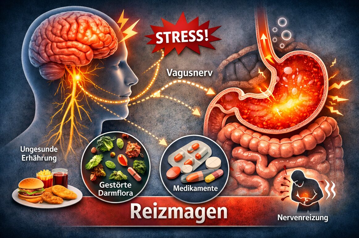Illustration eines Reizmagens mit Magen, Nervensystem und Stressfaktoren bei funktioneller Dyspepsie und Magenbeschwerden