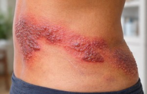 schwerer Zoster Ausschlag im Bereich des Rumpfs