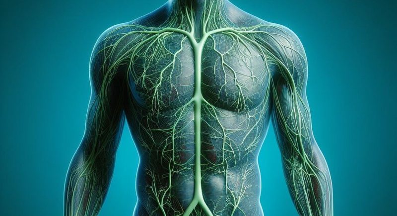 Futuristische anatomische Darstellung eines menschlichen Körpers mit leuchtendem grünen Lymphsystem. Die Lymphbahnen sind detailliert hervorgehoben, verlaufen durch den gesamten Körper und heben die Verzweigungen und Knotenpunkte hervor. Der Hintergrund ist blau und verstärkt den Kontrasteffekt der leuchtenden Strukturen.