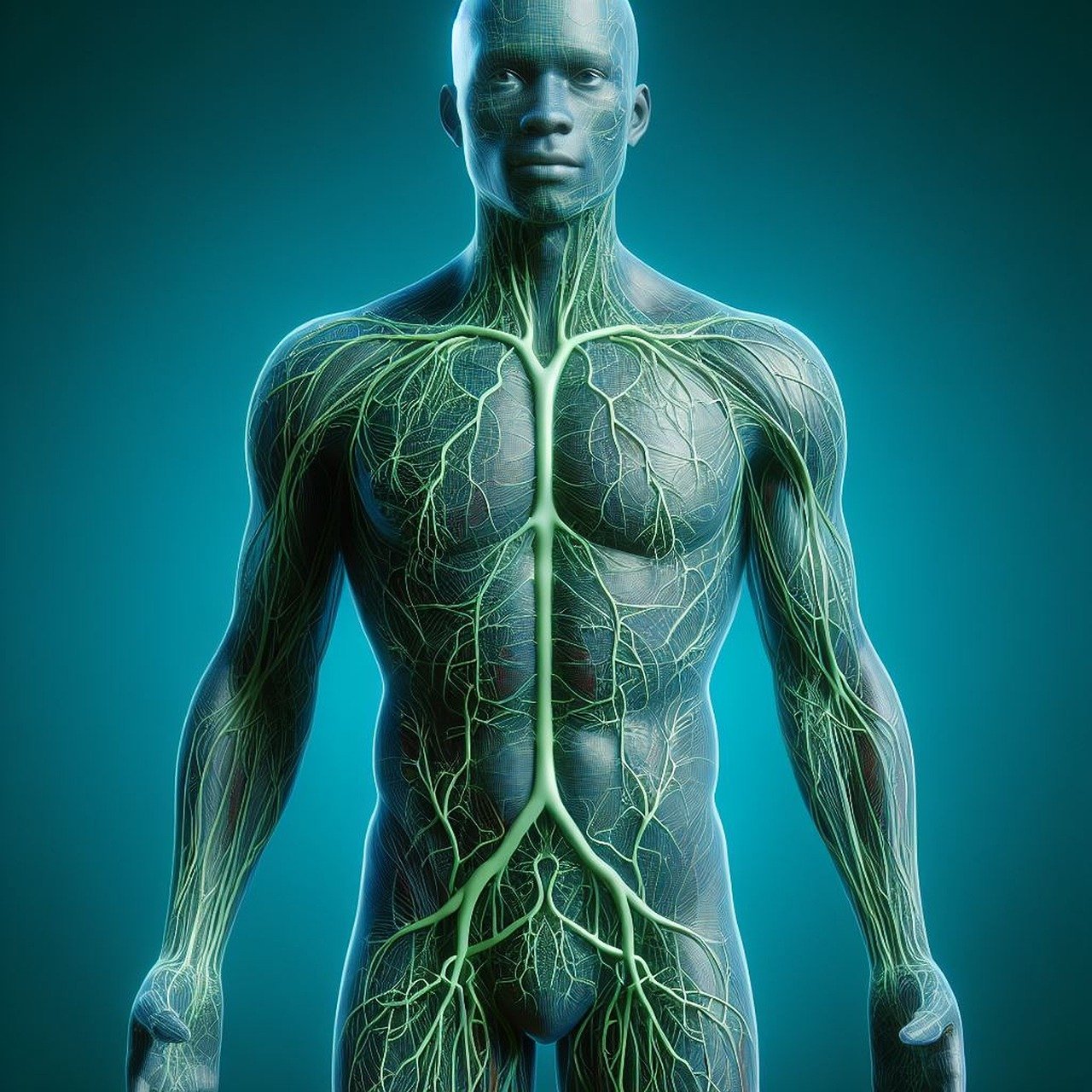 Futuristische anatomische Darstellung eines menschlichen Körpers mit leuchtendem grünen Lymphsystem. Die Lymphbahnen sind detailliert hervorgehoben, verlaufen durch den gesamten Körper und heben die Verzweigungen und Knotenpunkte hervor. Der Hintergrund ist blau und verstärkt den Kontrasteffekt der leuchtenden Strukturen.