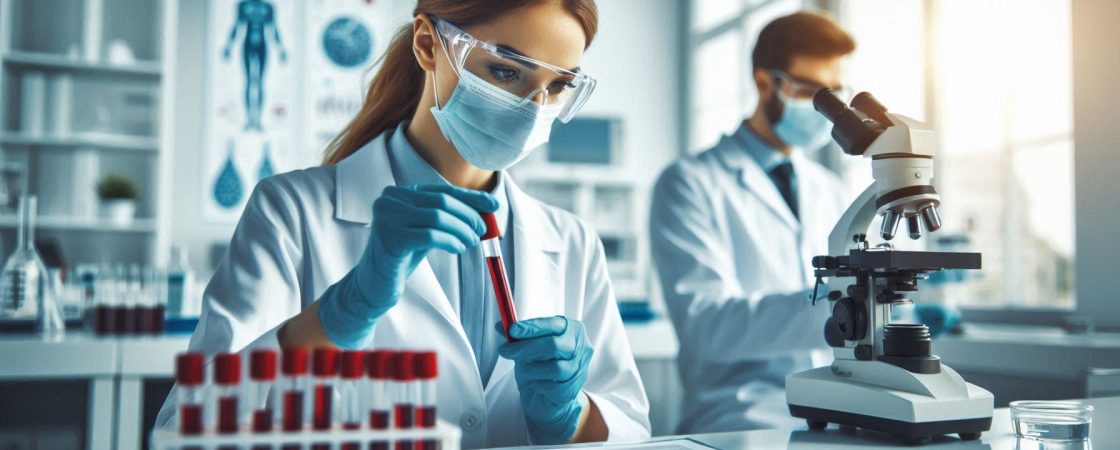 Wissenschaftlerin im Labor mit Schutzbrille, Maske und blauen Handschuhen hält eine Blutprobe in einem Reagenzglas und untersucht sie konzentriert. Im Hintergrund arbeitet ein männlicher Kollege mit einem Mikroskop. Das Labor ist modern eingerichtet, mit Reagenzgläsern, Pipetten und wissenschaftlichen Postern an den Wänden.