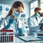 Wissenschaftlerin im Labor mit Schutzbrille, Maske und blauen Handschuhen hält eine Blutprobe in einem Reagenzglas und untersucht sie konzentriert. Im Hintergrund arbeitet ein männlicher Kollege mit einem Mikroskop. Das Labor ist modern eingerichtet, mit Reagenzgläsern, Pipetten und wissenschaftlichen Postern an den Wänden.