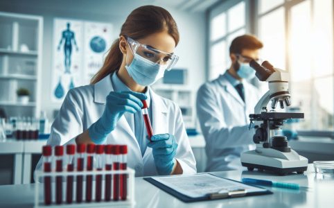 Wissenschaftlerin im Labor mit Schutzbrille, Maske und blauen Handschuhen hält eine Blutprobe in einem Reagenzglas und untersucht sie konzentriert. Im Hintergrund arbeitet ein männlicher Kollege mit einem Mikroskop. Das Labor ist modern eingerichtet, mit Reagenzgläsern, Pipetten und wissenschaftlichen Postern an den Wänden.