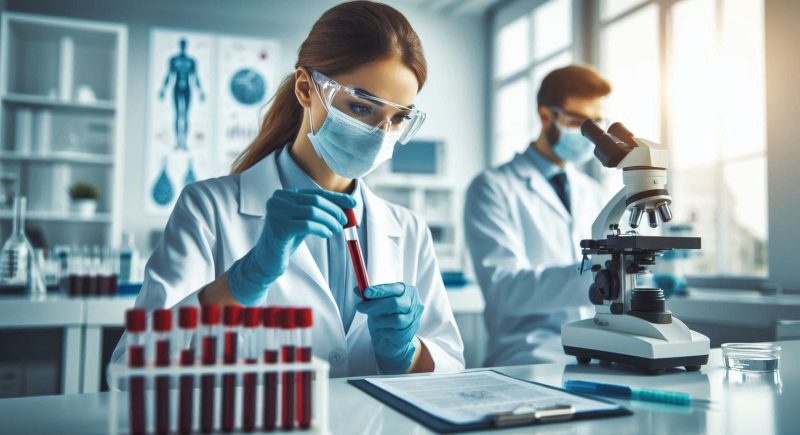 Wissenschaftlerin im Labor mit Schutzbrille, Maske und blauen Handschuhen hält eine Blutprobe in einem Reagenzglas und untersucht sie konzentriert. Im Hintergrund arbeitet ein männlicher Kollege mit einem Mikroskop. Das Labor ist modern eingerichtet, mit Reagenzgläsern, Pipetten und wissenschaftlichen Postern an den Wänden.