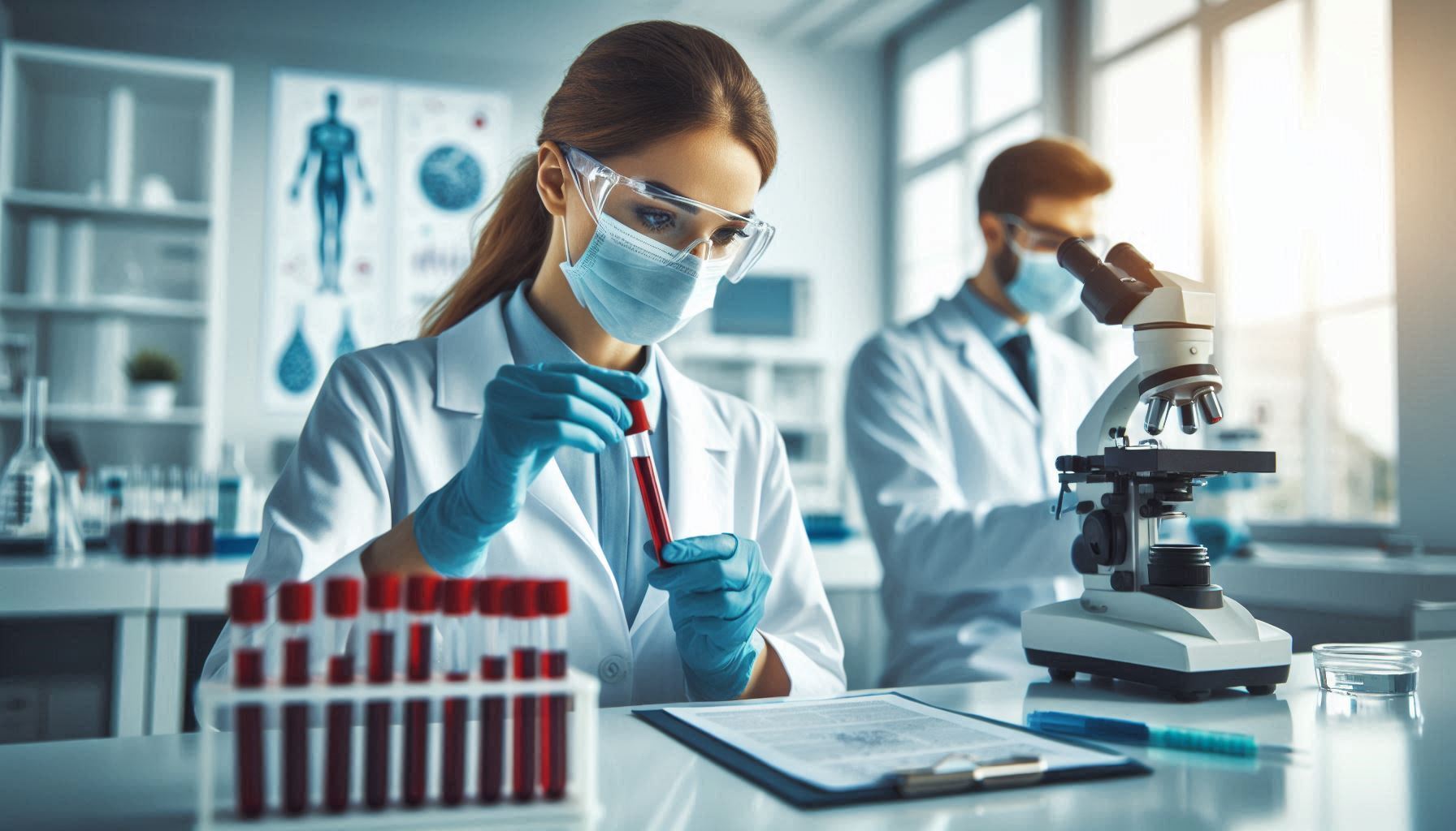 Wissenschaftlerin im Labor mit Schutzbrille, Maske und blauen Handschuhen hält eine Blutprobe in einem Reagenzglas und untersucht sie konzentriert. Im Hintergrund arbeitet ein männlicher Kollege mit einem Mikroskop. Das Labor ist modern eingerichtet, mit Reagenzgläsern, Pipetten und wissenschaftlichen Postern an den Wänden.