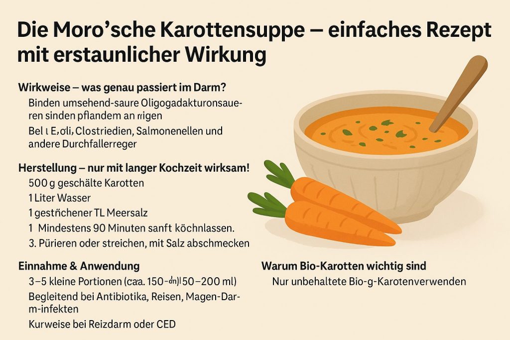 Digitale Infografik zur Moro’schen Karottensuppe in deutscher Sprache. Abgebildet sind Karotten, ein Kochtopf und erklärende Textfelder zur Wirkung bei Durchfall, zur Zubereitung des Rezepts, Dosierung und dem Hinweis auf Bio-Qualität.
