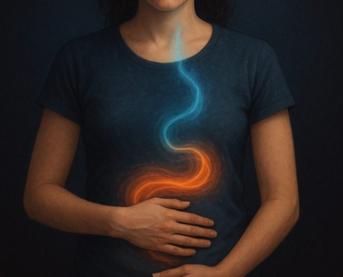 Frau mit Händen auf dem Bauch, leuchtende Energie vom Bauch zum Kopf – Symbol für Darm-Hirn-Achse und Emotionen.