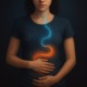Frau mit Händen auf dem Bauch, leuchtende Energie vom Bauch zum Kopf – Symbol für Darm-Hirn-Achse und Emotionen.