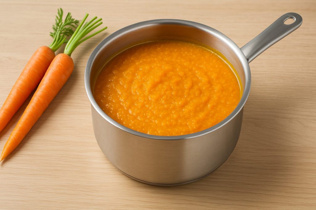 Foto einer warmen, orangefarbenen Karottensuppe in einem Edelstahltopf auf einem hellen Holzbrett. Daneben liegen drei frische Karotten mit grünem Blattansatz. Die Darstellung ist im Querformat (16:9) und zeigt eine schlichte, natürliche Szene mit Fokus auf die Suppe.
