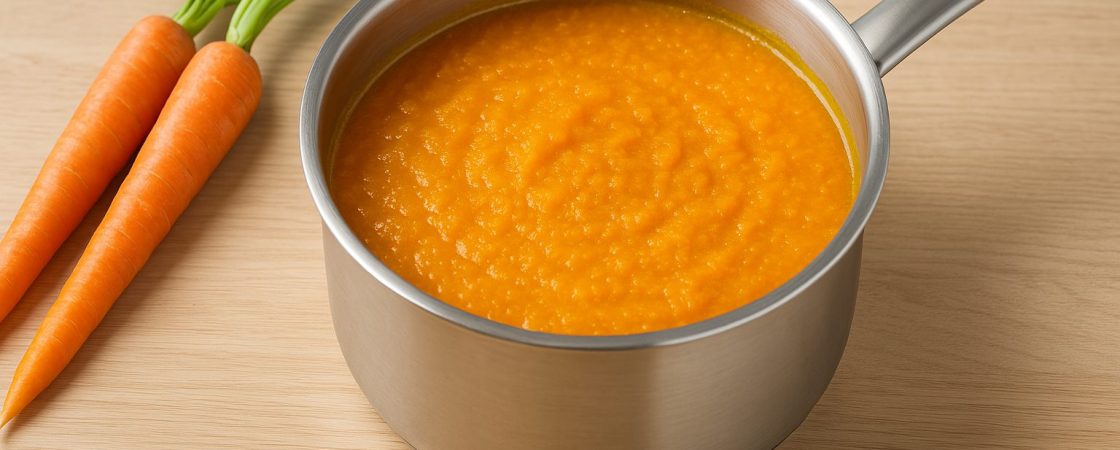 Foto einer warmen, orangefarbenen Karottensuppe in einem Edelstahltopf auf einem hellen Holzbrett. Daneben liegen drei frische Karotten mit grünem Blattansatz. Die Darstellung ist im Querformat (16:9) und zeigt eine schlichte, natürliche Szene mit Fokus auf die Suppe.