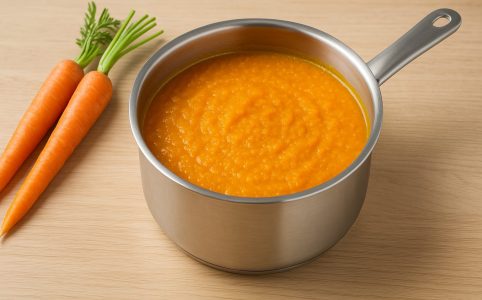 Foto einer warmen, orangefarbenen Karottensuppe in einem Edelstahltopf auf einem hellen Holzbrett. Daneben liegen drei frische Karotten mit grünem Blattansatz. Die Darstellung ist im Querformat (16:9) und zeigt eine schlichte, natürliche Szene mit Fokus auf die Suppe.