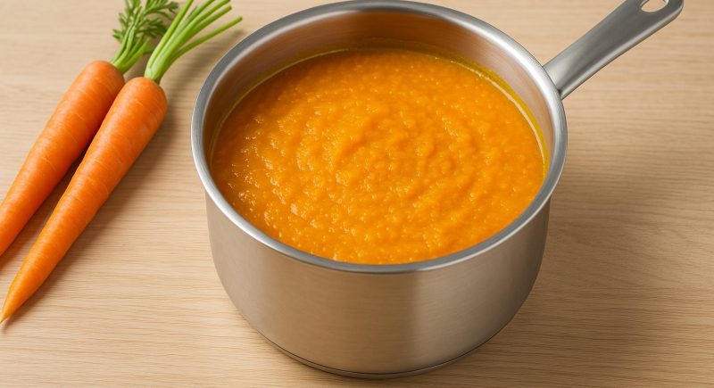 Foto einer warmen, orangefarbenen Karottensuppe in einem Edelstahltopf auf einem hellen Holzbrett. Daneben liegen drei frische Karotten mit grünem Blattansatz. Die Darstellung ist im Querformat (16:9) und zeigt eine schlichte, natürliche Szene mit Fokus auf die Suppe.