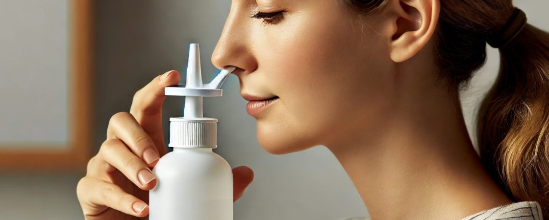 Frau verwendet eine klassische Nasenspülflasche mit gebogenem Ausguss. Sie neigt den Kopf leicht, während die Salzlösung aus einem Nasenloch austritt.