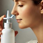 Frau verwendet eine klassische Nasenspülflasche mit gebogenem Ausguss. Sie neigt den Kopf leicht, während die Salzlösung aus einem Nasenloch austritt.