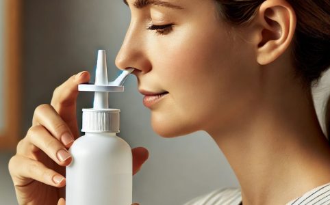 Frau verwendet eine klassische Nasenspülflasche mit gebogenem Ausguss. Sie neigt den Kopf leicht, während die Salzlösung aus einem Nasenloch austritt.