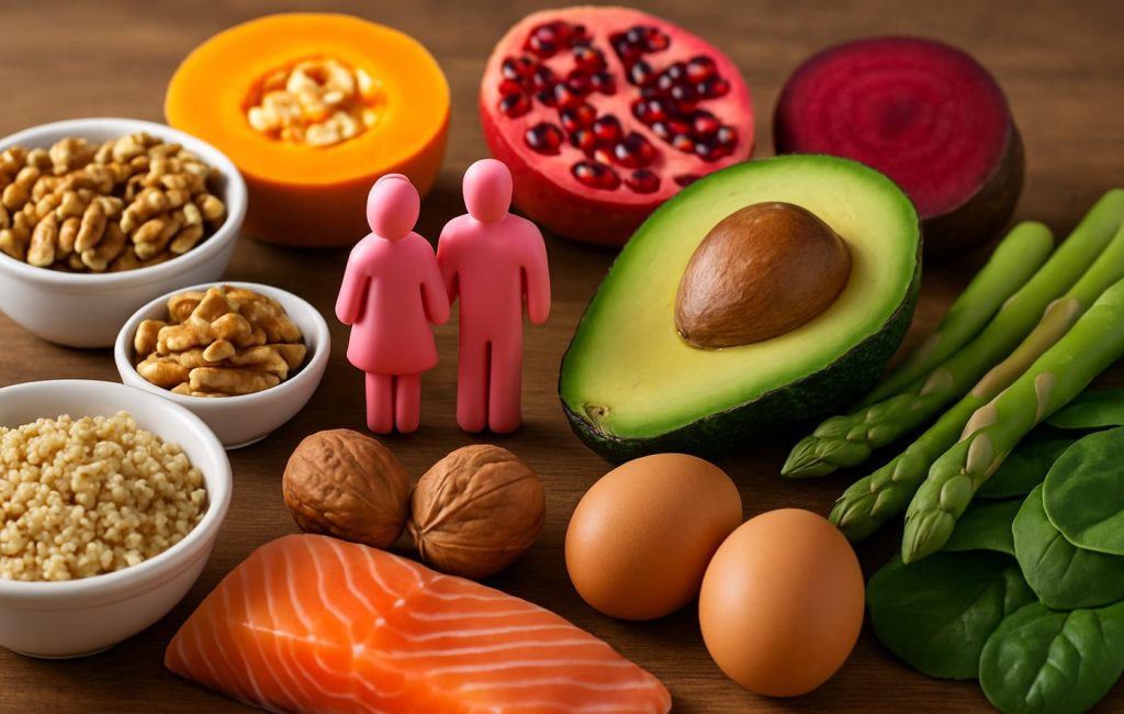 Fruchtbarkeitsfördernde Lebensmittel auf Holzuntergrund: Lachs, Avocado, Walnüsse, Eier, Quinoa, Spargel, Rote Bete, Spinat, Kürbis und Granatapfel, in der Mitte zwei rosa Figuren als Symbol für ein Paar mit Kinderwunsch.