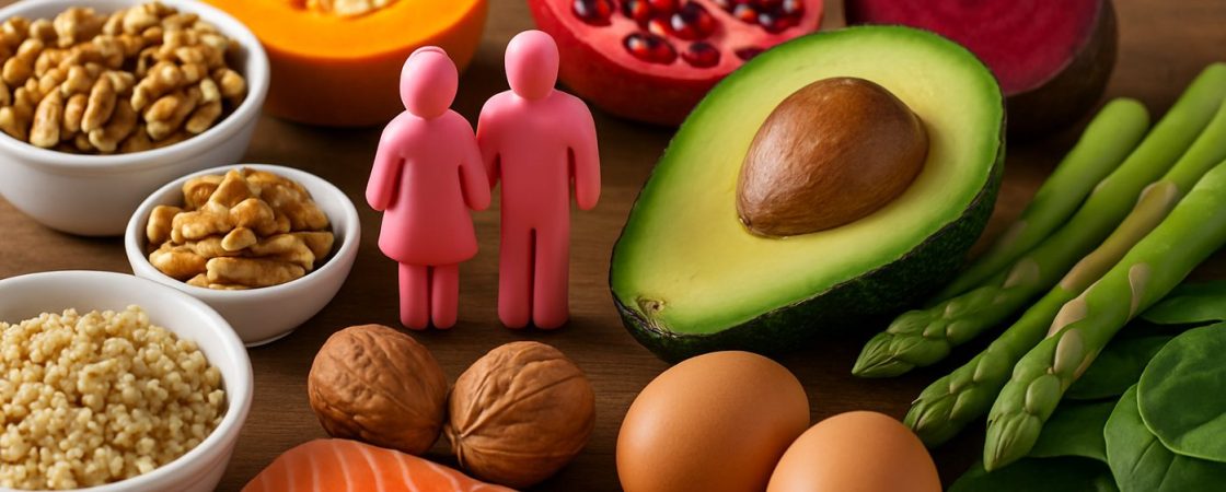 Fruchtbarkeitsfördernde Lebensmittel auf Holzuntergrund: Lachs, Avocado, Walnüsse, Eier, Quinoa, Spargel, Rote Bete, Spinat, Kürbis und Granatapfel, in der Mitte zwei rosa Figuren als Symbol für ein Paar mit Kinderwunsch.