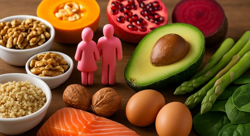 Fruchtbarkeitsfördernde Lebensmittel auf Holzuntergrund: Lachs, Avocado, Walnüsse, Eier, Quinoa, Spargel, Rote Bete, Spinat, Kürbis und Granatapfel, in der Mitte zwei rosa Figuren als Symbol für ein Paar mit Kinderwunsch.