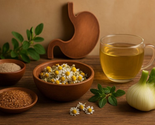 Heilpflanzen und Hausmittel bei Gastritis: Kamille, Fenchel, Leinsamen, Heilerde und Magen-Symbol auf Holztisch.