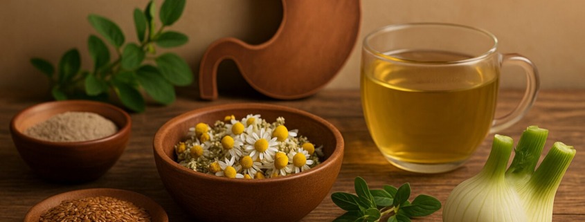 Heilpflanzen und Hausmittel bei Gastritis: Kamille, Fenchel, Leinsamen, Heilerde und Magen-Symbol auf Holztisch.
