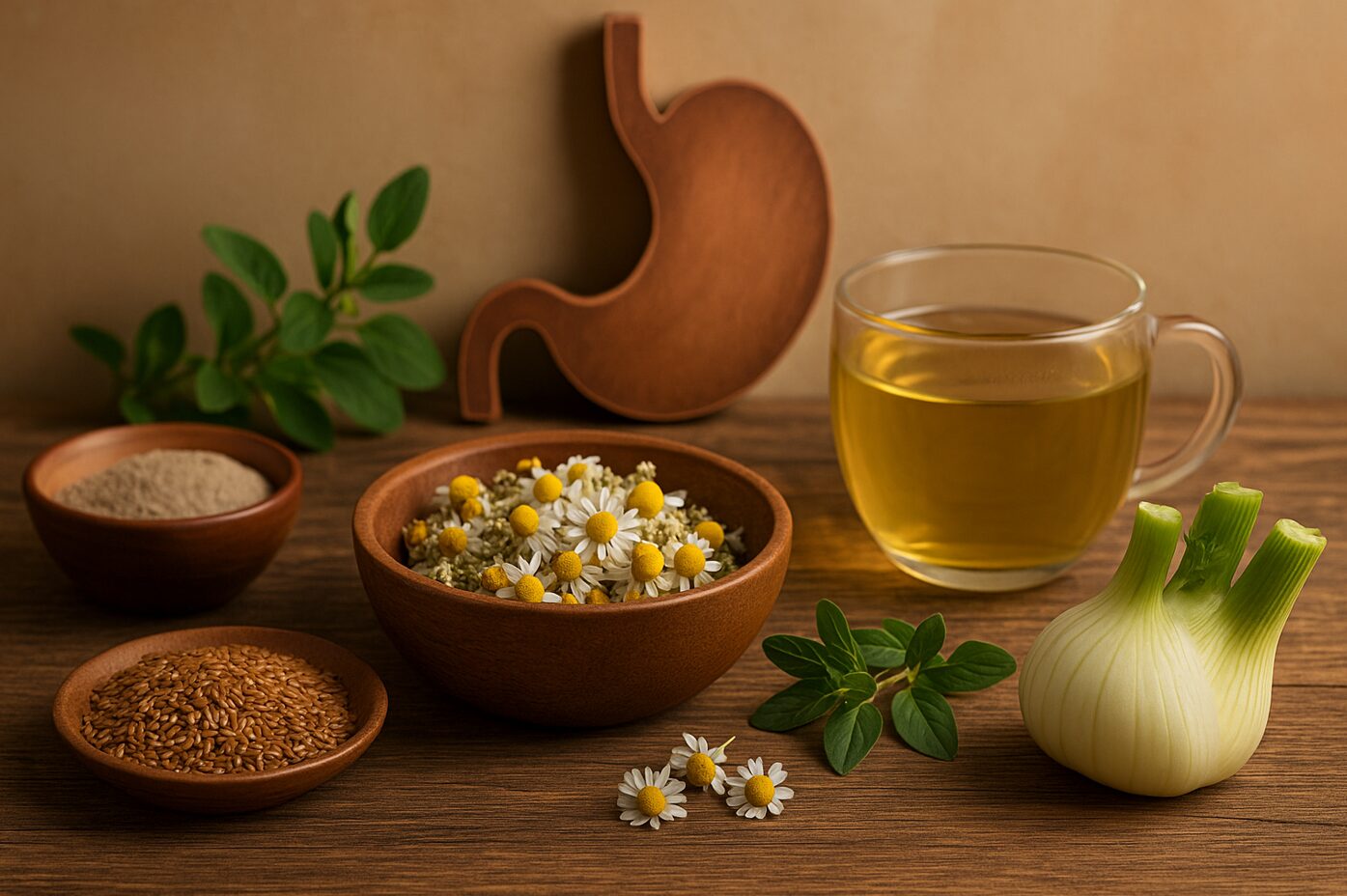 Heilpflanzen und Hausmittel bei Gastritis: Kamille, Fenchel, Leinsamen, Heilerde und Magen-Symbol auf Holztisch.