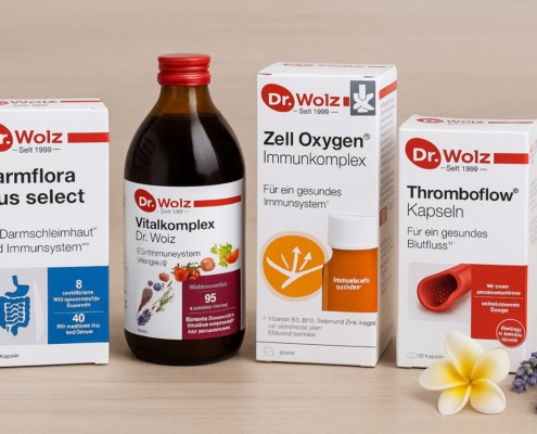 Dr. Wolz Produkte Darmflora plus, Vitalkomplex, Zell Oxygen und Thromboflow auf Holztisch mit Blüten dekoriert