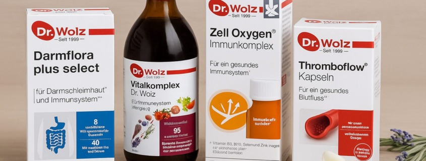 Dr. Wolz Produkte Darmflora plus, Vitalkomplex, Zell Oxygen und Thromboflow auf Holztisch mit Blüten dekoriert