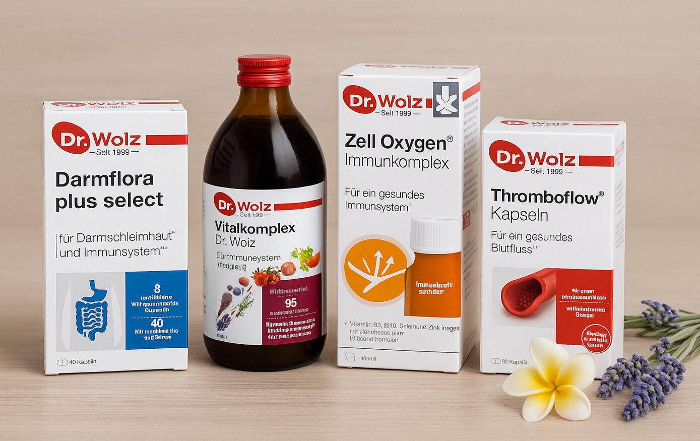 Dr. Wolz Produkte Darmflora plus, Vitalkomplex, Zell Oxygen und Thromboflow auf Holztisch mit Blüten dekoriert