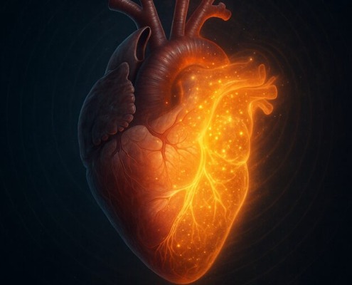 Anatomisch korrektes, fotorealistisches menschliches Herz, halb medizinisch dargestellt, halb leuchtend mit Mitochondrien, vor dunklem Hintergrund