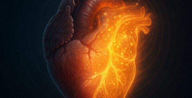 Anatomisch korrektes, fotorealistisches menschliches Herz, halb medizinisch dargestellt, halb leuchtend mit Mitochondrien, vor dunklem Hintergrund