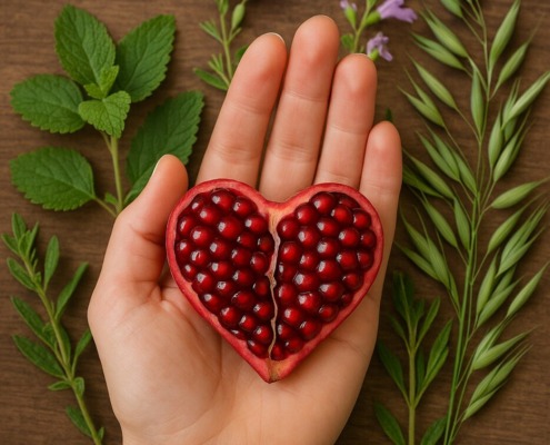 Hand hält halbierten Granatapfel mit frischen Heilpflanzen – Symbol für natürliche Herzgesundheit