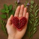 Hand hält halbierten Granatapfel mit frischen Heilpflanzen – Symbol für natürliche Herzgesundheit